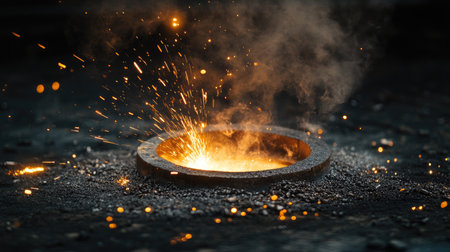Molten metal pours into a circular mold at an industrial foundry, with sparks flying and smoke rising, capturing the intense heat of metalworking processesの素材