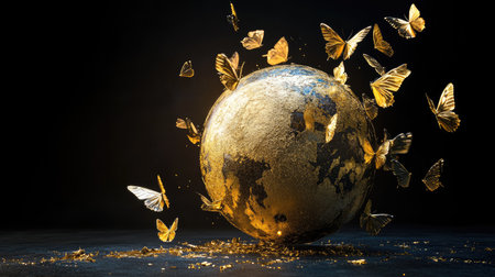 A golden Earth globe surrounded by butterflies in flight, symbolizing global peace and unityの素材
