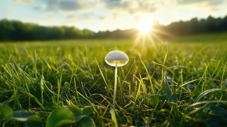 Close-up of a single mushroom rising from a grassy field, captured with dreamy focus and warm tones, evoking simplicity and quiet wonderの素材