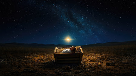 Wooden manger cradling newborn Jesus beneath radiant star in a deep blue night skyの素材