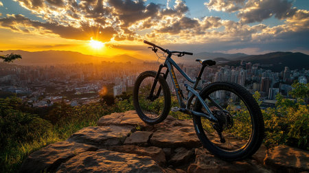 Framed by warm sunrise light, a mountain bike rests on a stone wall above a glowing city, handlebars crisply focused against the soft urban backdropの素材