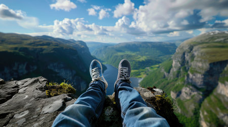 A lone traveler sits on a cliff edge, feet dangling freely above the landscape, symbol of ultimate freedom,の素材