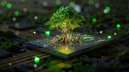 Abstract tree with glowing leaves emerging from electronic board, eco-technology visualizationの素材