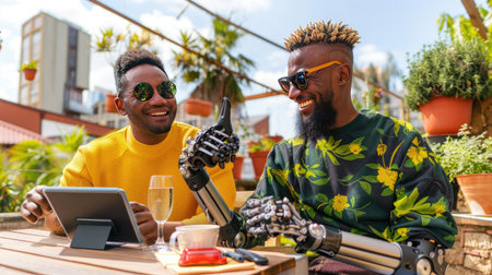 A man with a prosthetic limb smiling while using a tablet next to a friend, embracing digital lifeの素材