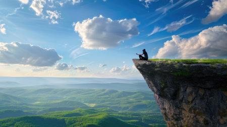 A lone traveler sits on a cliff edge, feet dangling freely above the landscape, symbol of ultimate freedom,の素材