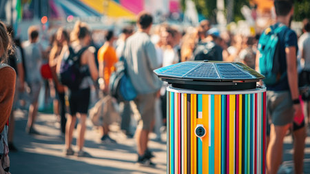 Solar-powered waste bin in a busy festival setting, featuring a colorful striped design and a crowd in the background, promoting sustainability in urban eventsの素材