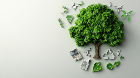 Illustration of a tree with renewable energy and sustainability icons, minimalistic style on white, with ample space for messagingの素材