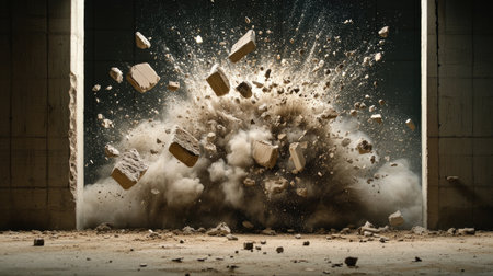 An intense, cinematic shot of a wall exploding into debris and dust, frozen in mid-air to capture the dramatic energy of a breakthrough momentの素材