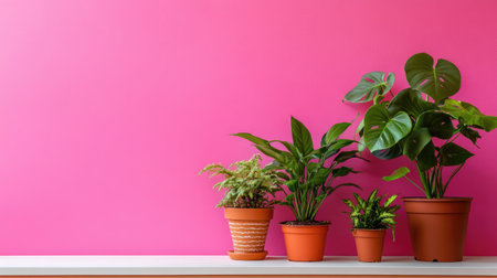 A cheerful scene of three indoor plants with a pink wall backdropの素材