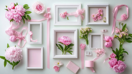 A flat lay of framed peonies with pastel accessories and ribbonsの素材