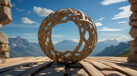 A modern spherical structure with geometric carvings perfectly aligning to reveal a panoramic view of majestic mountain peaks in the distanceの素材