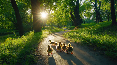 A group of ducklings following their mother across a sunny park pathの素材