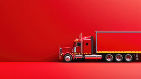 A bold red semi-truck stands proudly against a complementary background, symbolizing strength, speed, and the power of global transportationの素材