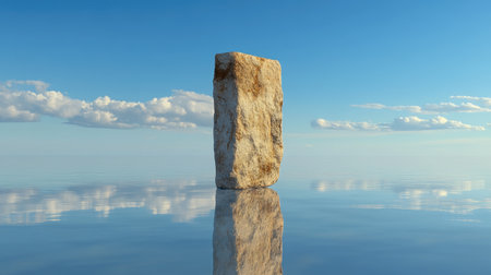 A lone ancient stone pillar rises from a calm reflective surface under a vast clear sky, blending natural beauty and architectural simplicityの素材
