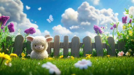 A fluffy lamb standing beside a wooden fence in a spring meadowの素材