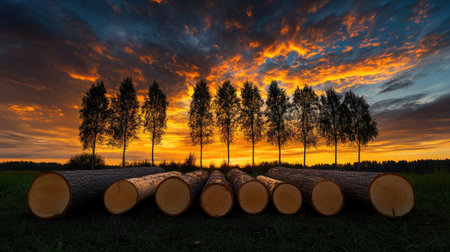 A row of timber logs in warm hues sits before dark tree silhouettes under a dramatic, colorful sunset skyの素材