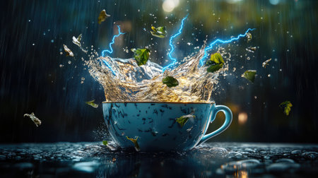 A porcelain tea cup filled with a swirling storm, tiny lightning bolts flashing inside as raindrops fall into the cup, creating a magical miniature weather systemの素材