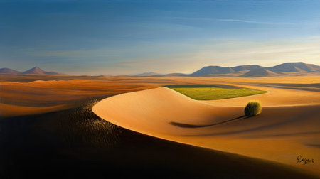 A serene desert landscape glows under a warm sunset, soft orange light casting long shadows over rolling dunes and distant mountain silhouettesの素材
