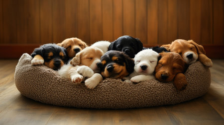 A group of sleepy puppies cuddled together in a cozy dog bedの素材
