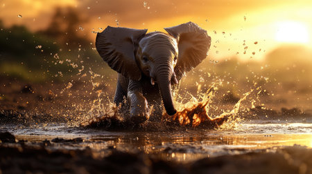 A baby elephant splashing playfully in a muddy watering hole under the warm sunの素材