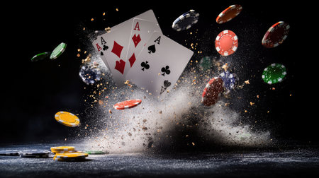 A royal flush explodes in midair with poker chips and dust particles swirling dramatically against a black background, capturing high-stakes energyの素材
