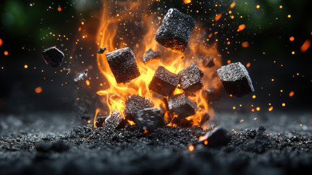A close-up of glowing charcoal briquettes mid-combustion, fiery embers and ash capturing the dynamic transformation from solid to flameの素材