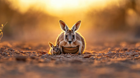 A baby kangaroo peeking out from its mother pouch in the Australian outbackの素材