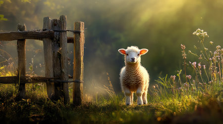 A fluffy lamb standing beside a wooden fence in a spring meadowの素材