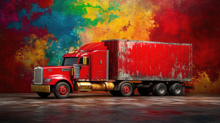 A bold red semi-truck stands proudly against a complementary background, symbolizing strength, speed, and the power of global transportationの素材