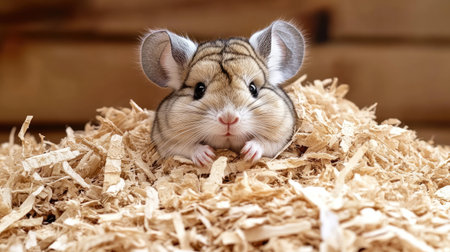 A fluffy chinchilla sitting in a pile of soft wood shavingsの素材