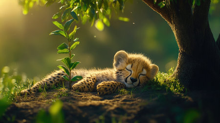 A baby cheetah resting under the shade of a small tree in the savannahの素材