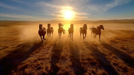 Seven majestic horses gallop fiercely across a dusty prairie, their silhouettes backlit by the golden sun, a symbol of wild freedom and natural beautyの素材