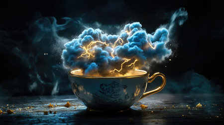 A close-up of a steaming teacup holding a swirling vortex of clouds, tiny flashes of lightning illuminating the dark liquid in an enchanting sceneの素材