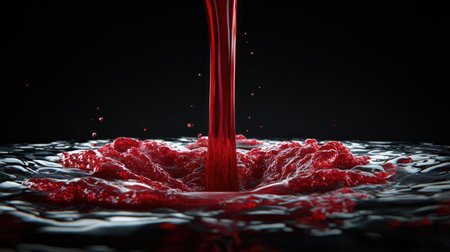 A mesmerizing cascade of deep red liquid pours into a dark vessel, its smooth flow captured under moody lighting that enhances texture and depthの素材