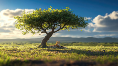 A baby cheetah resting under the shade of a small tree in the savannahの素材
