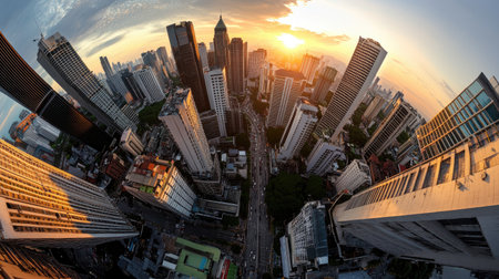 Panoramic view of Kuala Lumpur skyline bathed in warm sunrise light, skyscrapers glowing above bustling streets alive with morning energyの素材