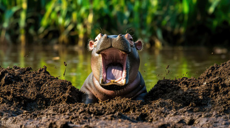 A baby hippo yawning wide while resting near a riverbankの素材