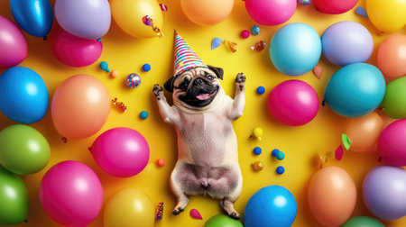 A pug wearing a party hat surrounded by colorful balloonsの素材