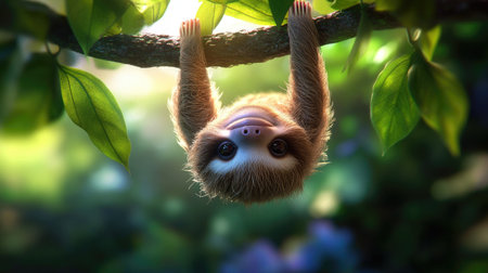 A baby sloth hanging upside down from a tree branch, smiling peacefullyの素材