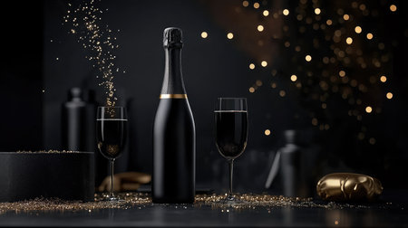 A sleek black champagne bottle pouring bubbly into matching black glasses, set against shimmering lights for an elegant, modern midnight celebrationの素材