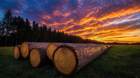 A row of timber logs in warm hues sits before dark tree silhouettes under a dramatic, colorful sunset skyの素材
