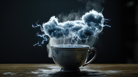 A close-up of a steaming teacup holding a swirling vortex of clouds, tiny flashes of lightning illuminating the dark liquid in an enchanting sceneの素材