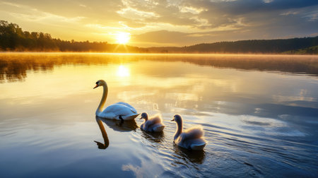 A family of swans gliding gracefully across a peaceful lake at sunriseの素材