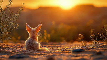 A fennec fox with enormous ears sitting in the desert sand at sunsetの素材
