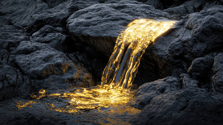 Molten golden liquid cascades smoothly over dark rocks, illuminated to evoke mystery, transformation, and the allure of hidden treasuresの素材