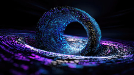 A digital vortex of neon blue and purple light streams forming a tunnel, representing fast data transfer and futuristic networksの素材