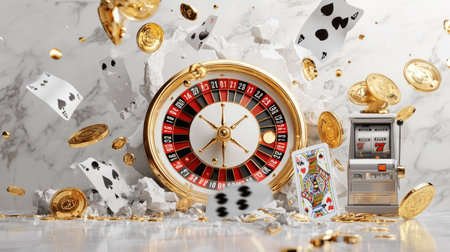 A luxurious 3D composition of roulette wheel, slot machine, four aces, golden chips, and coins against a white marble and gold backgroundの素材