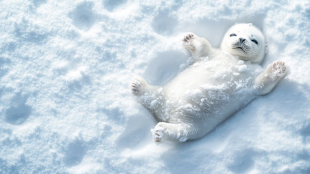 A chubby seal pup lying on its back in the snow with a curious gazeの素材