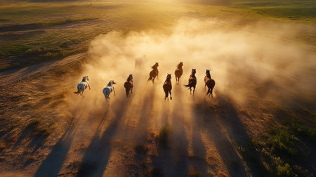 Seven majestic wild horses galloping across a dusty plain, their manes and tails flowing wildly in the wind, symbolizing freedom and untamed beautyの素材