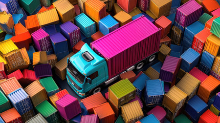 A close-up of a container truck surrounded by colorful cargo boxes, capturing the complexity and energy of global trade and transportの素材